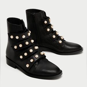 Zara Pearl Embellished Biker Boots